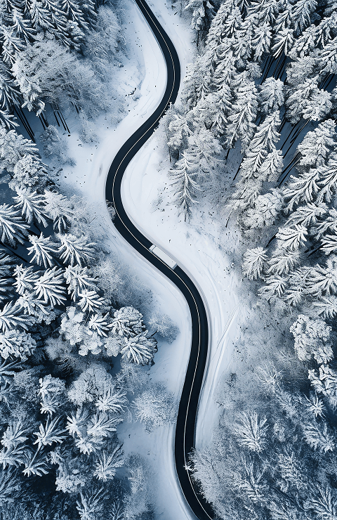 Top down Ansicht einer Straße durch einen verschneiten Wald